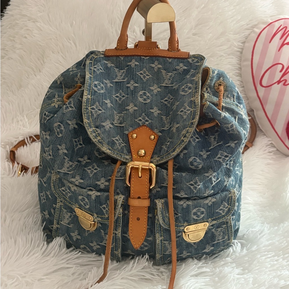 Louis Vuitton Blue Denim Backpack with Brown Accents